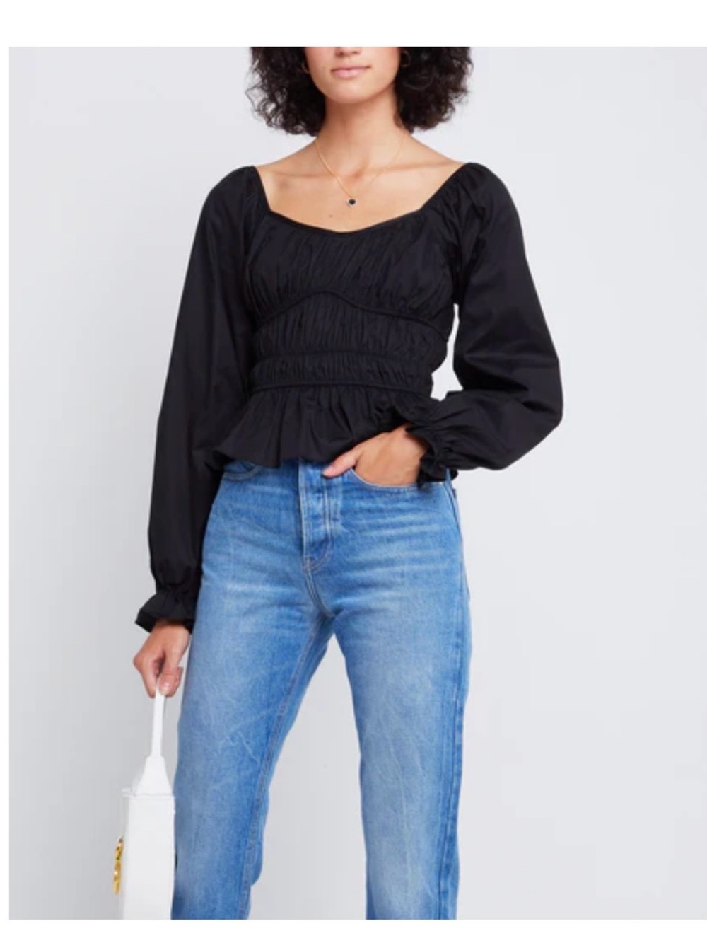 Smocked Black Peplum Blouse with Square Neck